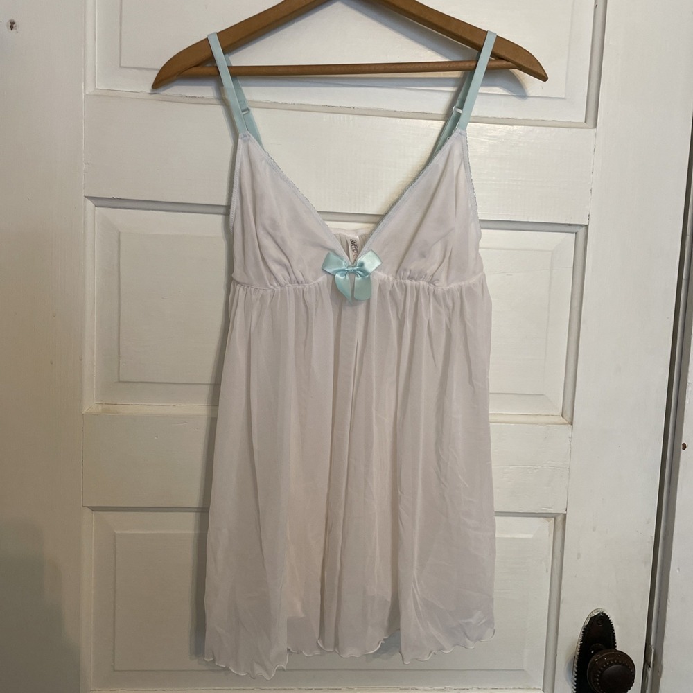 White‎ Babydoll Dress Baby Blue Trims Large Sweet Valentine